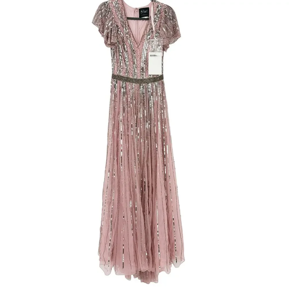 Mac Duggal Stripe Lined Sequin V-Neck Gown Rose Pink Size 4 NWT